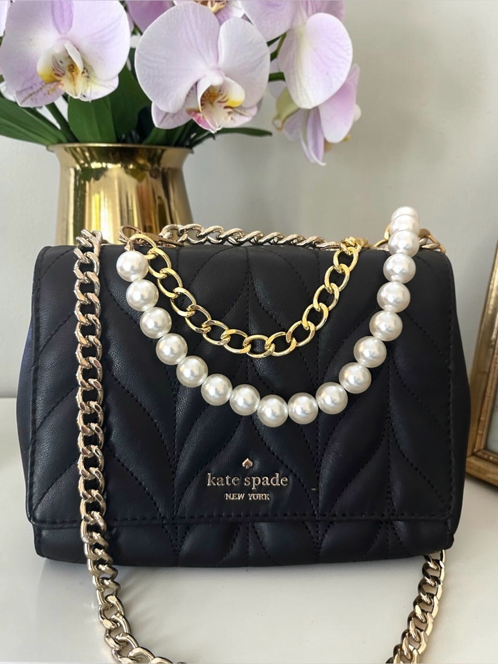 Kate Spade Diamond Black Quilted Top Handle Satchel - Crossbody & Pearl Charm